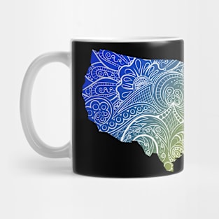 Colorful mandala art map of the United States of America in blue and yellow Mug